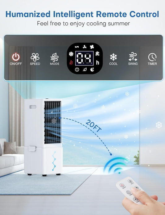 COOLECH Portable Air Conditioners with Remote, 4 Modes & 3 Speeds, Waterless Alert System & 2.4-Gal Tank, 20H Cooling, 12H Timer for Auto Off, 3-IN-1 Evaporative Air Cooler for Room Bedroom