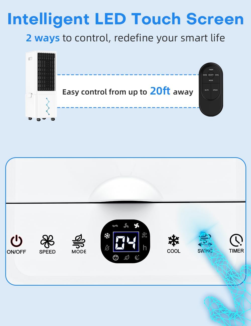 Windowless Air Conditioner w/ 4 Modes & 3 Speeds, Waterless Alert, 2.4-Gal Tank for 20H Cooling, 12H Timer, 20FT Remote, 70ยฐ Auto Swing Evaporative Air Cooler, Portable AC Unit for Bedroom