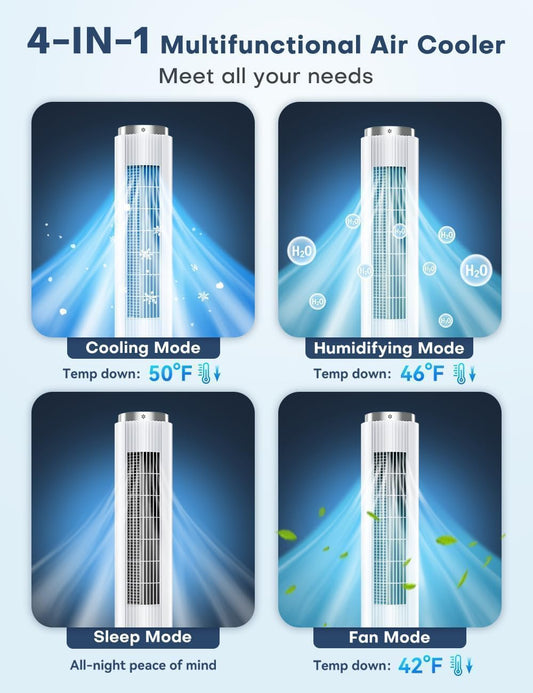 42 INCH Portable Air Conditioners w/Remote & LED Touch Screen, 4 Modes & 3 Speeds, 1-Gal Tank for 15H Cooling Evaporative Air Cooler, 12H Timer for Smart Auto-Off, 90° Oscillating Swamp Cooler