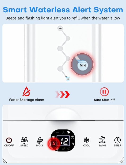 Windowless Air Conditioner w/ 4 Modes & 3 Speeds, Waterless Alert, 2.4-Gal Tank for 20H Cooling, 12H Timer, 20FT Remote, 70° Auto Swing Evaporative Air Cooler, Portable AC Unit for Bedroom