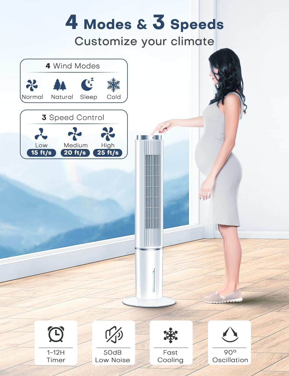42 INCH Portable Air Conditioners w/Remote & LED Touch Screen, 4 Modes & 3 Speeds, 1-Gal Tank for 15H Cooling Evaporative Air Cooler, 12H Timer for Smart Auto-Off, 90ยฐ Oscillating Swamp Cooler