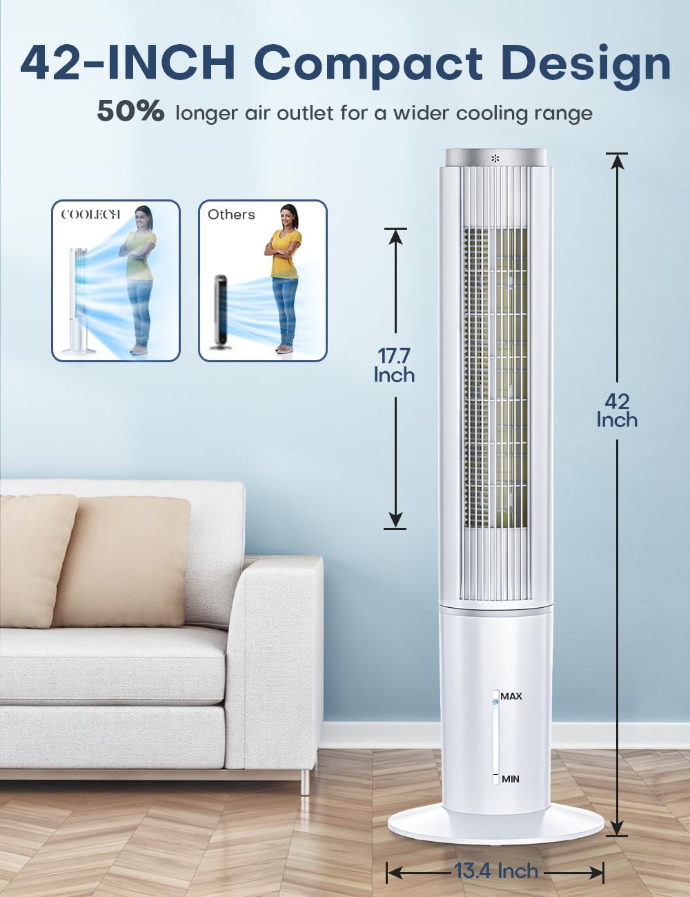 42 INCH Portable Air Conditioners w/Remote & LED Touch Screen, 4 Modes & 3 Speeds, 1-Gal Tank for 15H Cooling Evaporative Air Cooler, 12H Timer for Smart Auto-Off, 90ยฐ Oscillating Swamp Cooler