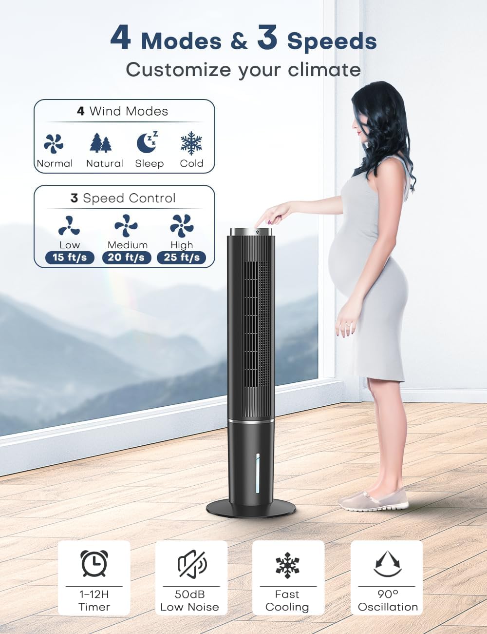 42 INCH Portable Air Conditioners w/LED Touch Screen, 4 Mode&3 Speed,1-Gal Tank for 15H Cooling Evaporative Air Cooler,12H Timer, No Hose No Window Needed, 90° Oscillating AC Unit for Bedroom