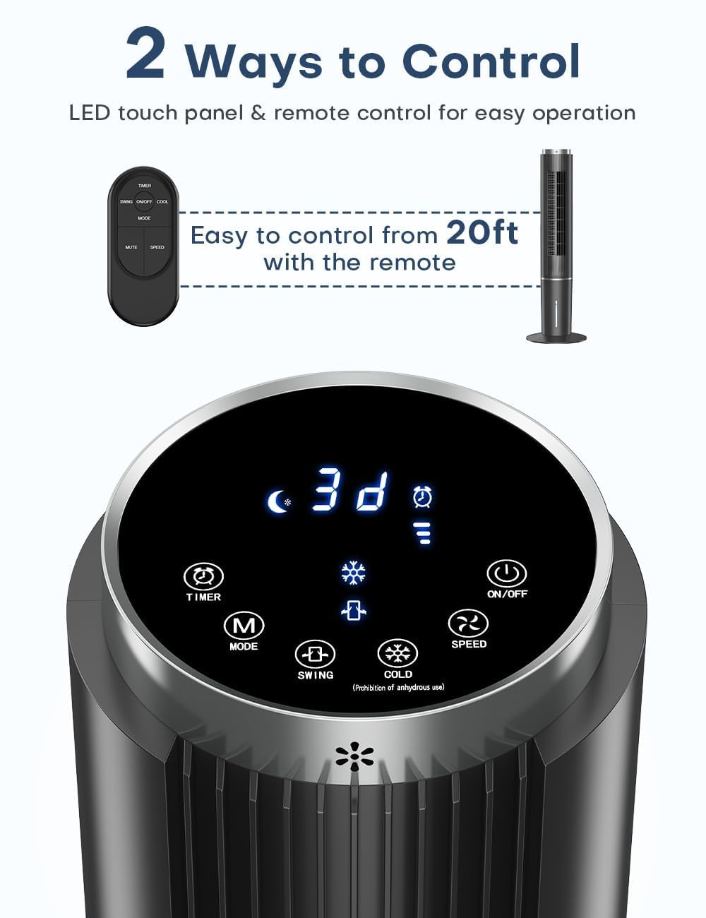 42 INCH Portable Air Conditioners w/LED Touch Screen, 4 Mode&3 Speed,1-Gal Tank for 15H Cooling Evaporative Air Cooler,12H Timer, No Hose No Window Needed, 90° Oscillating AC Unit for Bedroom