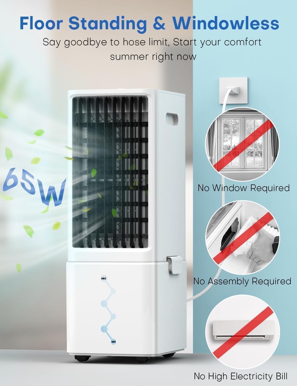 Windowless Air Conditioner w/ 4 Modes & 3 Speeds, Waterless Alert, 2.4-Gal Tank for 20H Cooling, 12H Timer, 20FT Remote, 70° Auto Swing Evaporative Air Cooler, Portable AC Unit for Bedroom