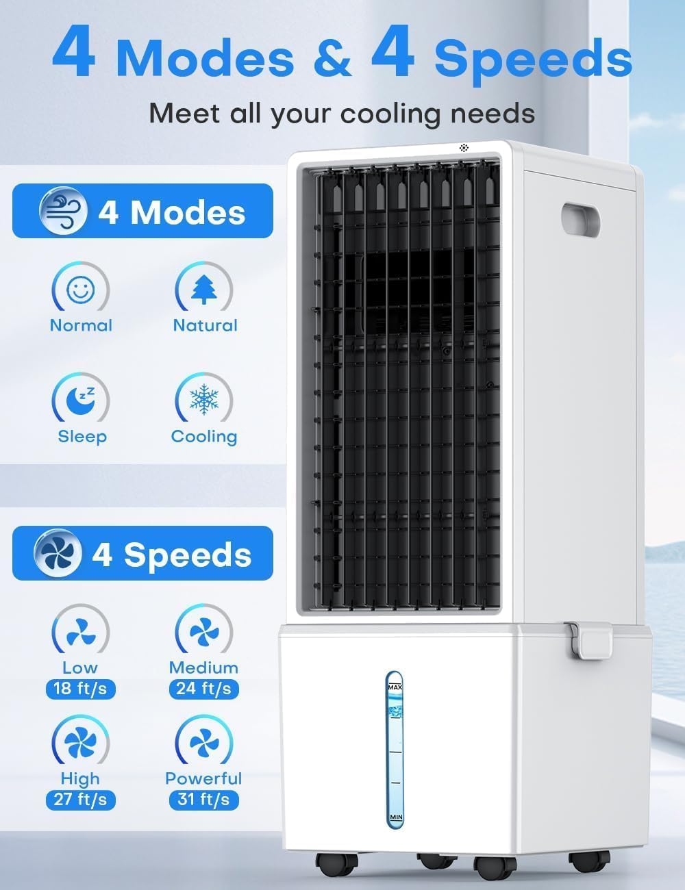 4-IN-1 Portable Air Conditioners w/3.2-Gal Tank for 24H Cooling, 4 Wind Speeds & 4 Modes, LED Touch Screen, Waterless Alert System & 12H Timer, Remote, Windowless Air Conditioner for Bedroom