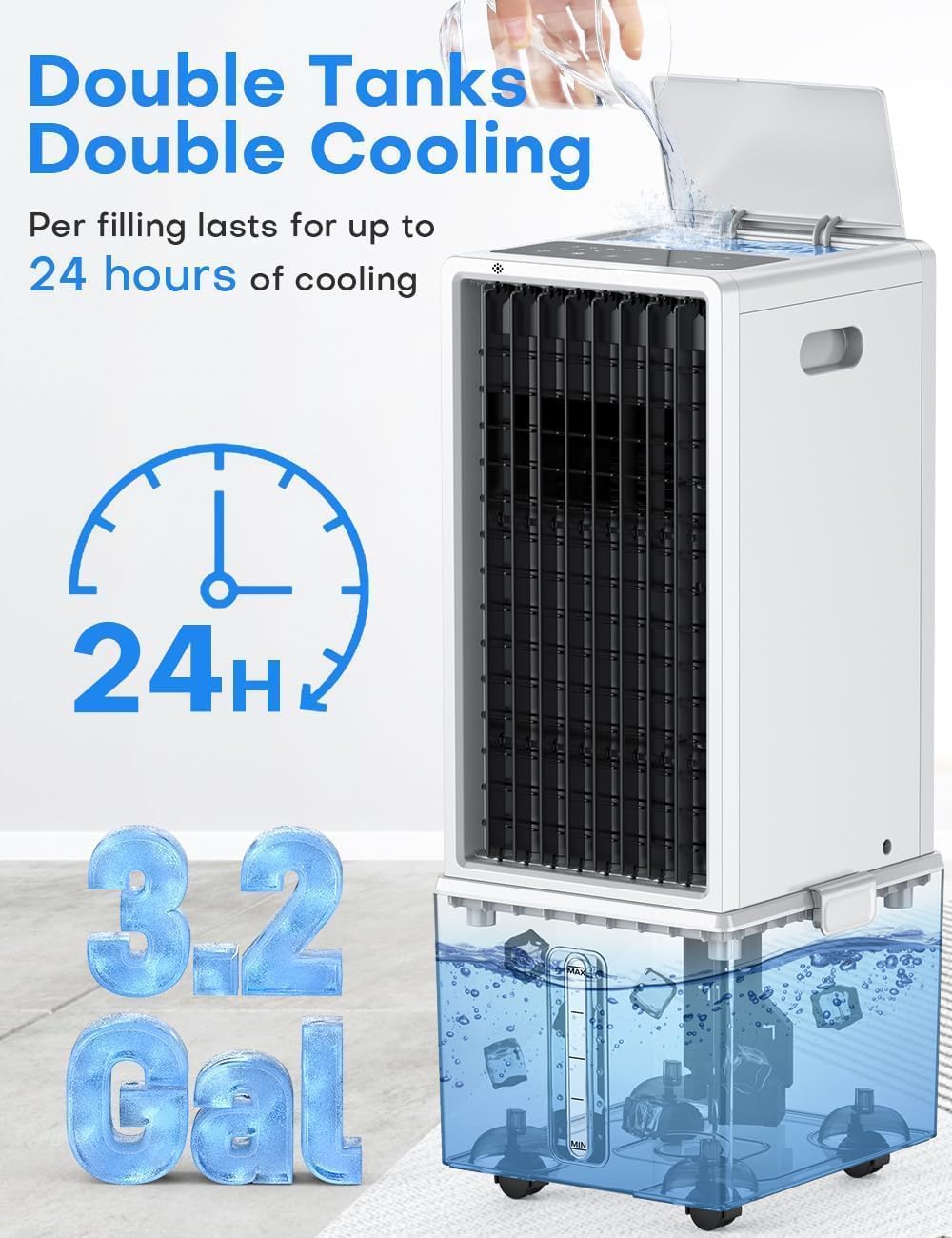4-IN-1 Portable Air Conditioners w/3.2-Gal Tank for 24H Cooling, 4 Wind Speeds & 4 Modes, LED Touch Screen, Waterless Alert System & 12H Timer, Remote, Windowless Air Conditioner for Bedroom